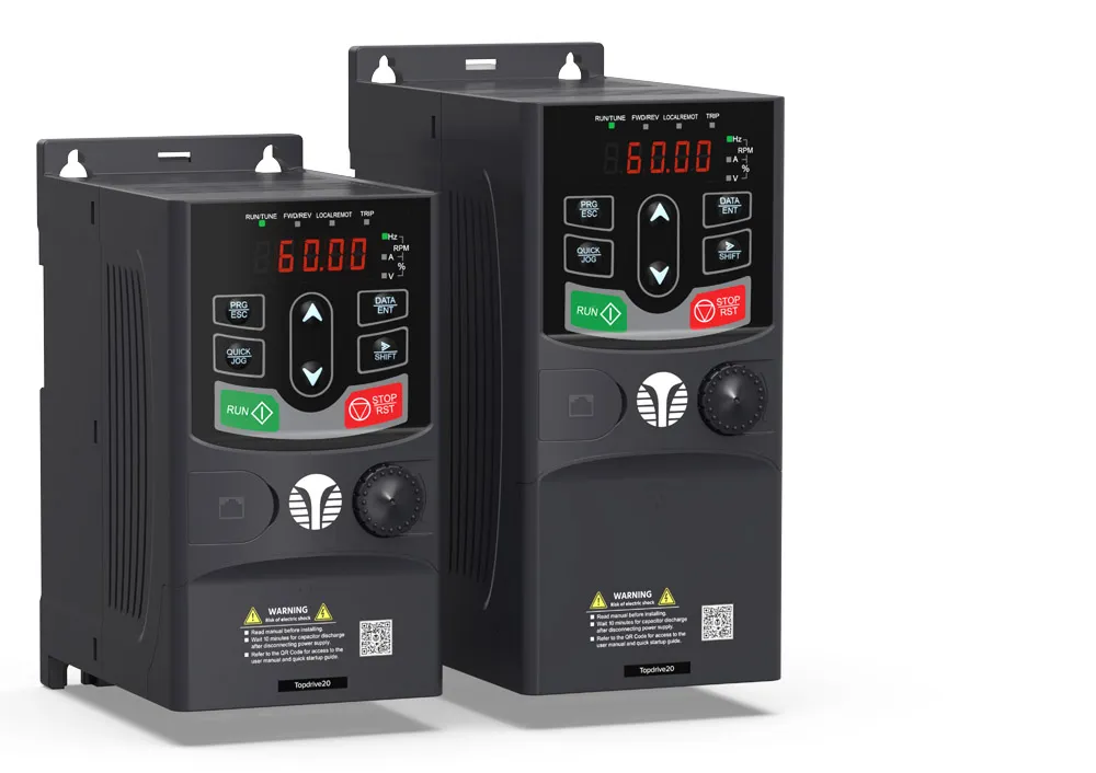 VFD-TechTop Image Front view of TechTop variable frequency drive with labeled buttons and status indicators